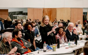 John Kander Lin Manuel Miranda Susan Stroman Sharon Washington David Thompson at table Photo by Paul Kolnik