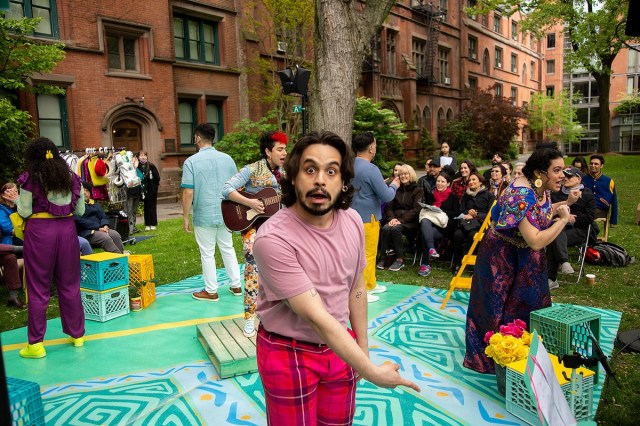 Gían Pérez (center) plays Dromio in Shakespeare’s <I>The Comedy of Errors</I>, adapted and directed by Rebecca Martínez, for the Public Theater’s Mobile Unit. (© Peter Cooper)