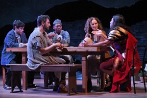 Raviv Ullman, Benjamin Pelteson, Eric Berryman. Amy Brenneman and Christopher Cruz in SCR's 2024 world premiere production of GALILEE, 34 by Eleanor Burgess