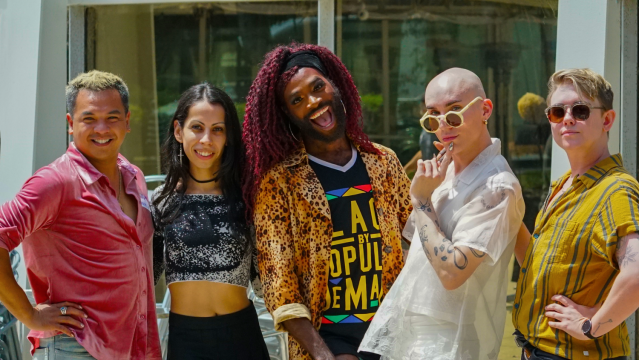 Cast (l-r): Shaun Tuazon, Moscato Sky, Amber St. James, Sasha Velour, and Ezra Reaves