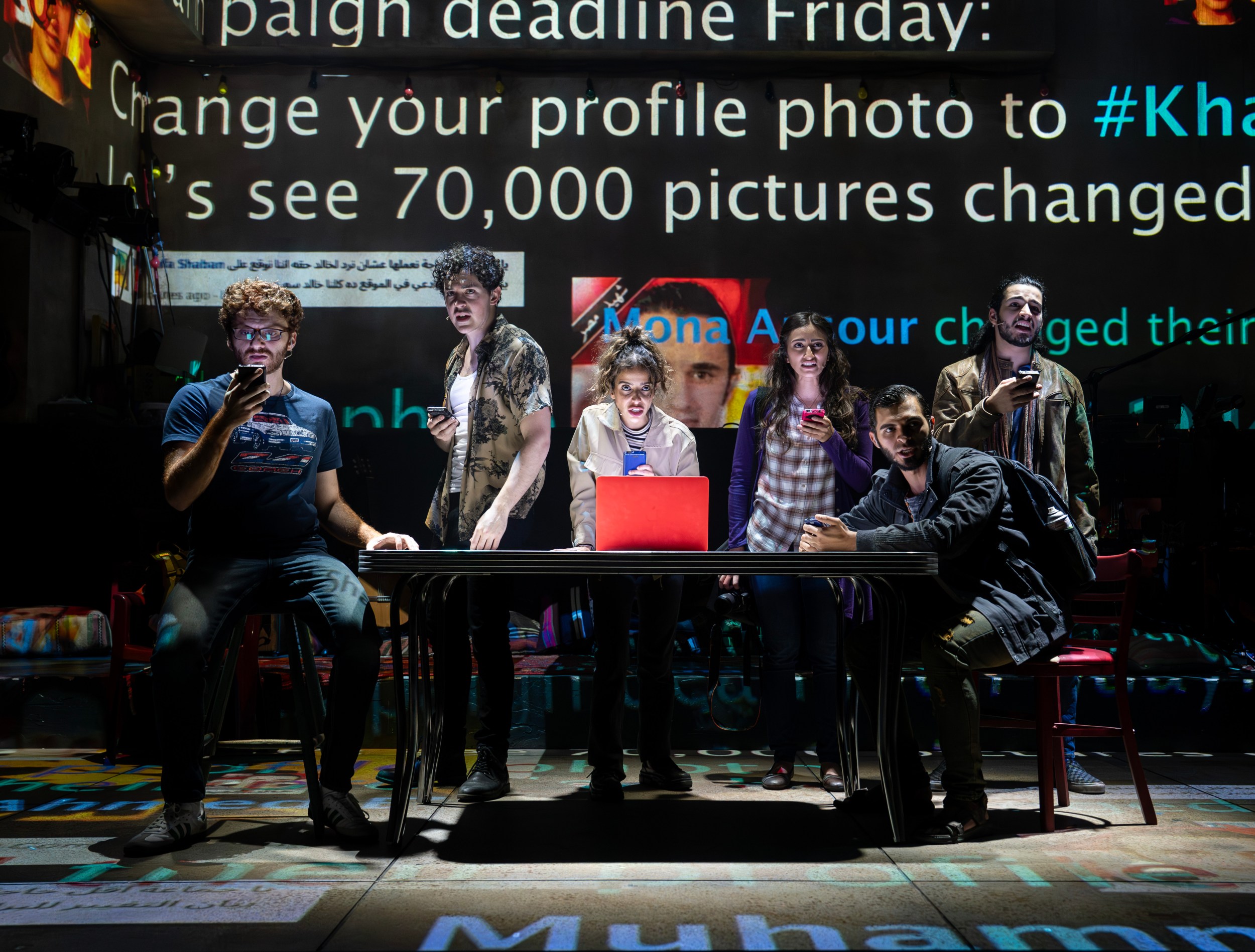 Michael Khalid Karadsheh, Ali Louis Bourzgui, Rotana Tarabzouni, Nadina Hassan, Drew Elhamalawy and John El Jor in WE LIVE IN CAIRO at New York Theatre Workshop, Photo by Joan Marcus