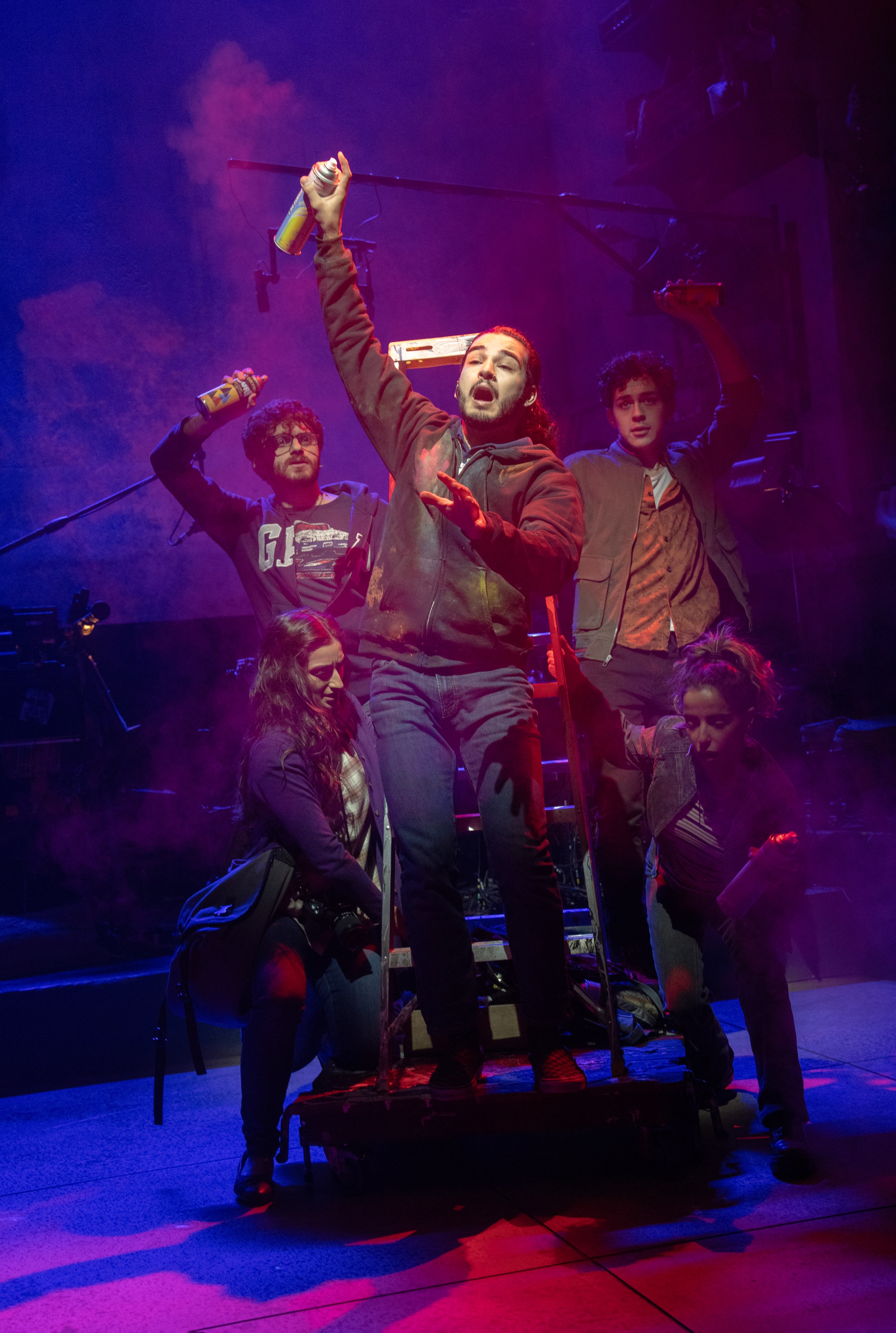 Nadina Hassan, Michael Khalid Karadsheh, John El Jor, Ali Louis Bourzgui and Rotana Tarabzouni in WE LIVE IN CAIRO at New York Theatre Workshop, Photo by Joan Marcus